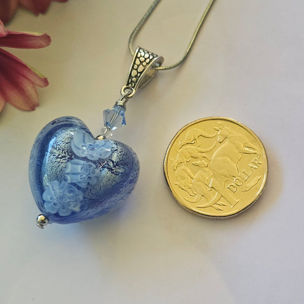 Blue Millefiori and White Gold Foil Heart Pendant