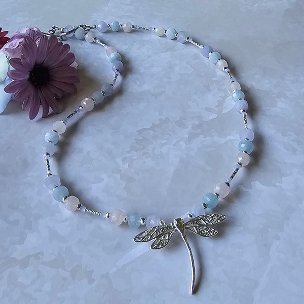 Pastel Faceted Gemstone Dragonfly Necklace