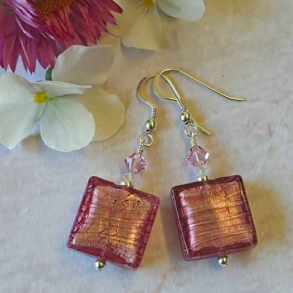Pink Murano Glass White Gold Foil Square Earrings