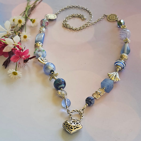 Long Pale Blue beaded necklace