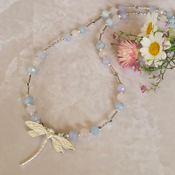 Pastel Faceted Gemstone Dragonfly Necklace