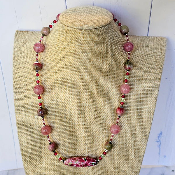 Green and Pink Gemstone and Glass Necklace