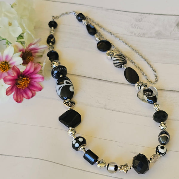 Long black beaded necklace