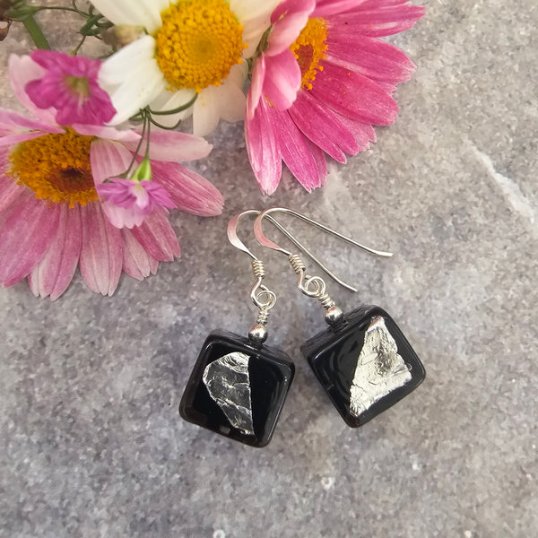 Black Murano Glass Cube Earring