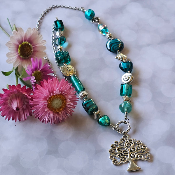 Long Teal Green Beaded Necklace