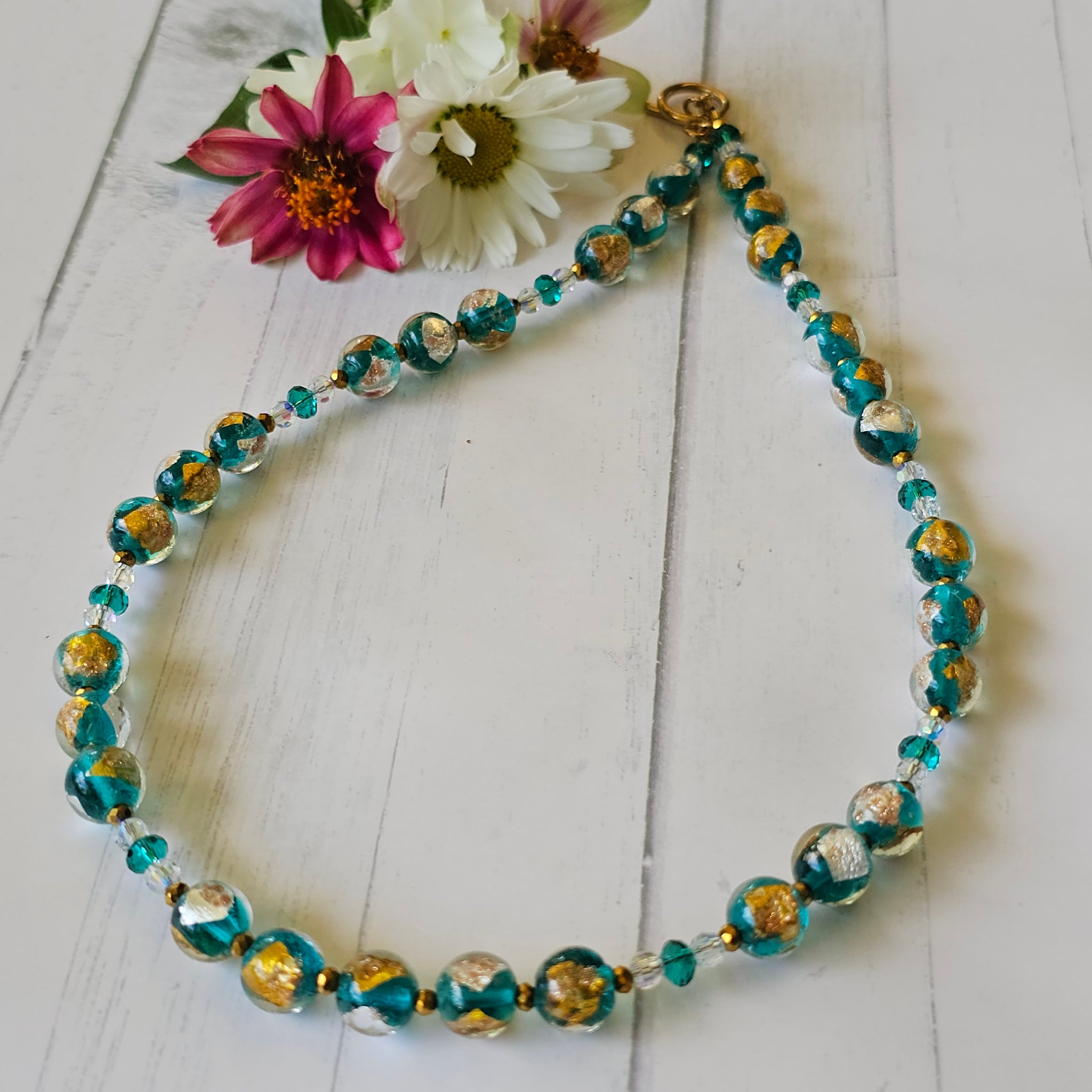 Teal Gold and Silver Glass Necklace