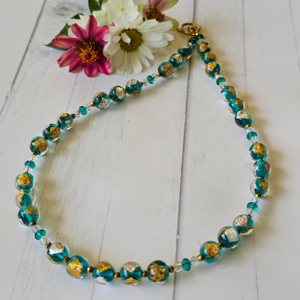 Teal Gold and Silver Glass Necklace