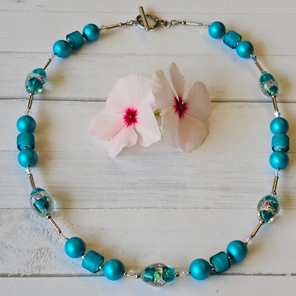 Turquoise Lampwork and Pearl Necklace