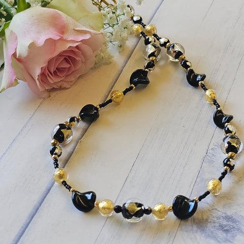 Black, Silver and Gold Murano Glass Necklace