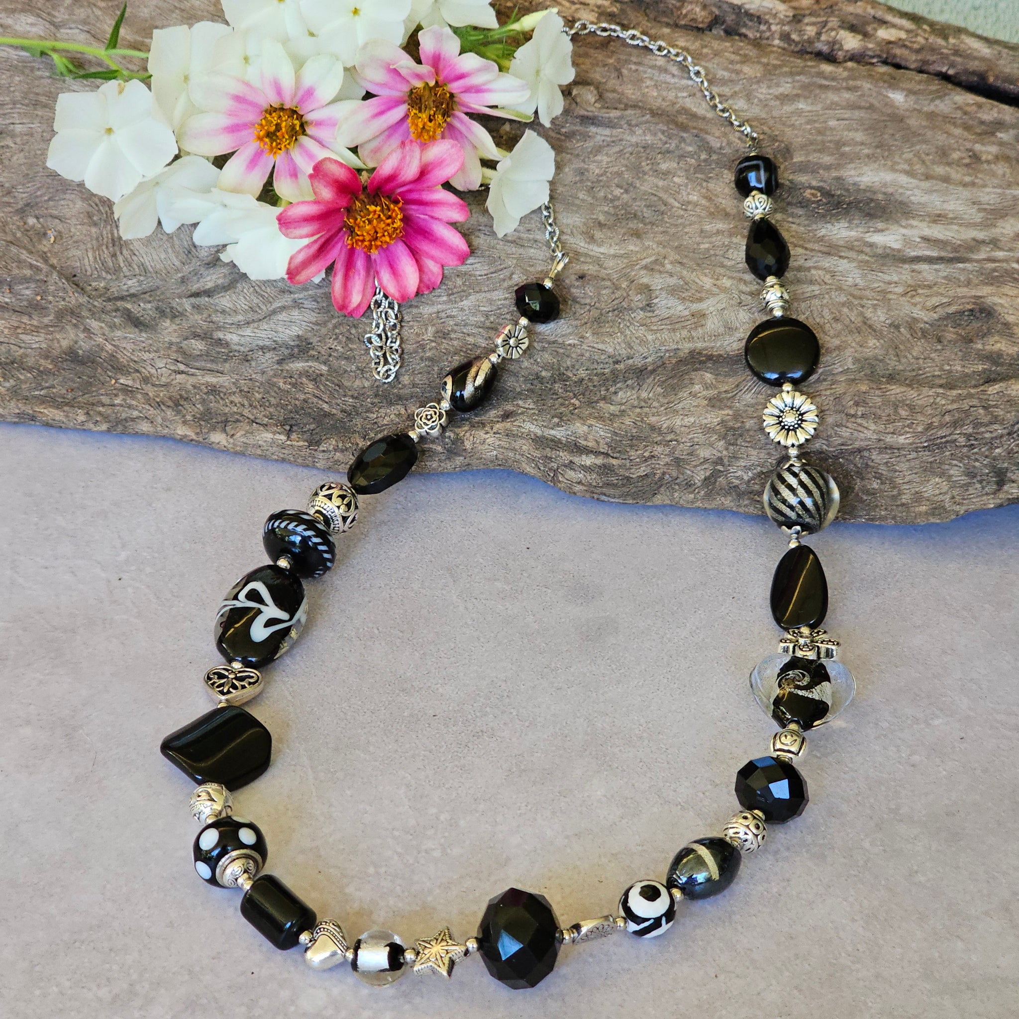 Long black beaded necklace