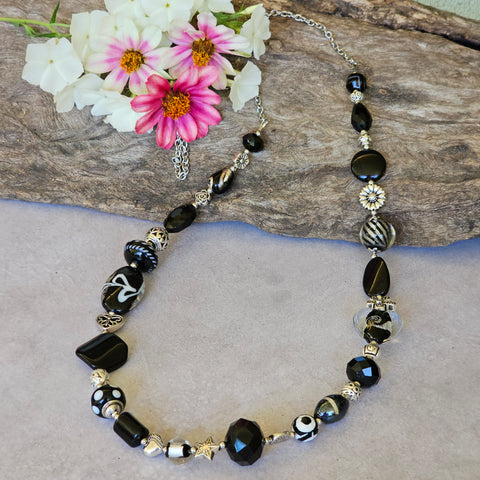 Long black beaded necklace