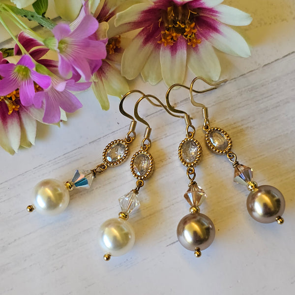Crystal Pearl Dangle Earrings in Gold