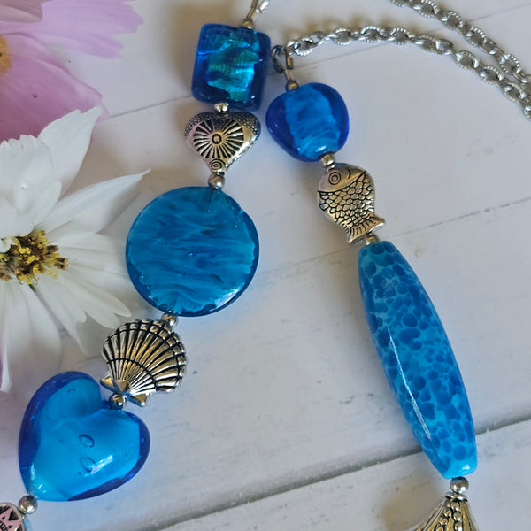 Long Aqua Blue beaded necklace