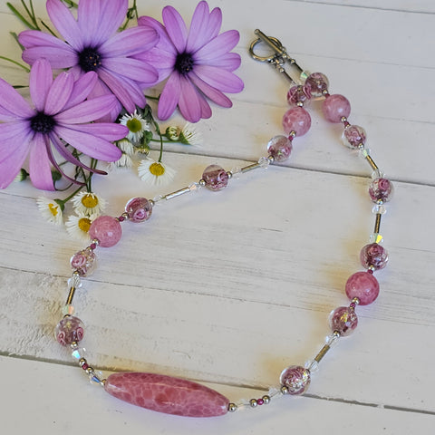 Pink Speckled Glass and Crystal Necklace