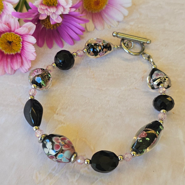 Black and Pink Glass Bracelet - 21cm