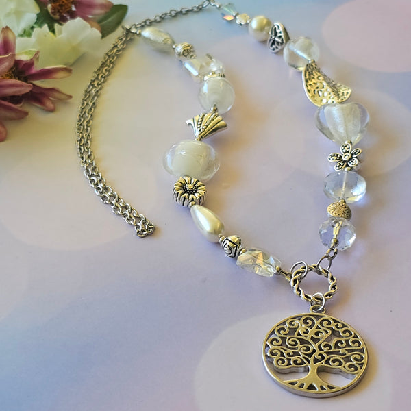 Long white beaded necklace