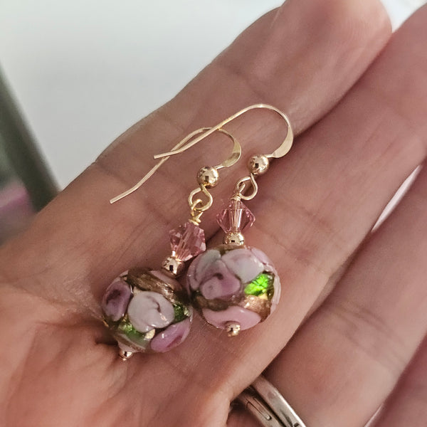 Pink Bed of Roses Murano Glass Earrings