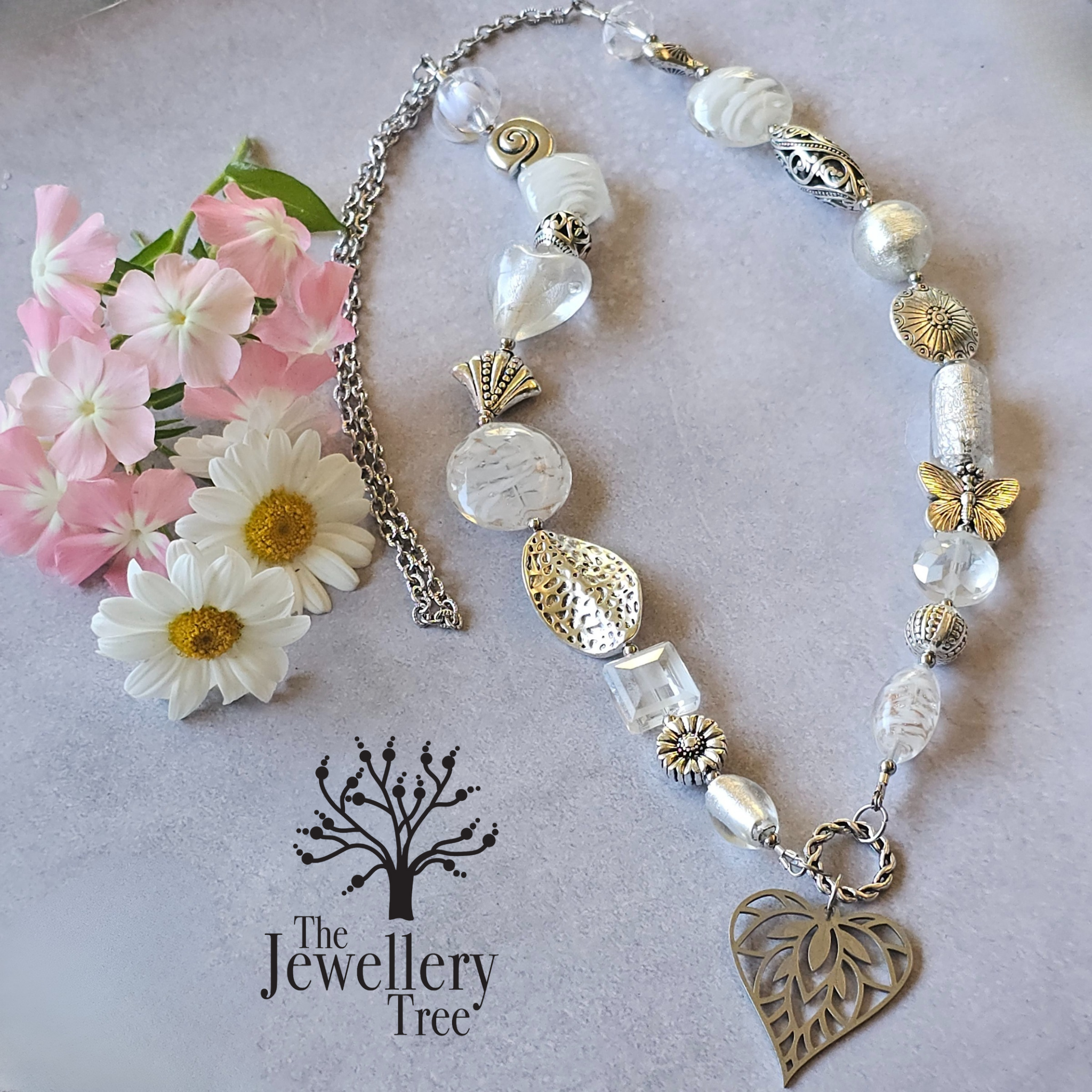 Long white beaded necklace