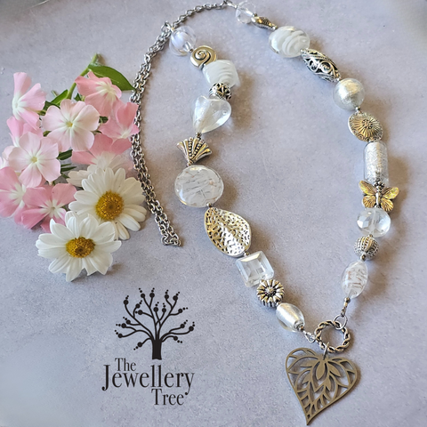 Long white beaded necklace