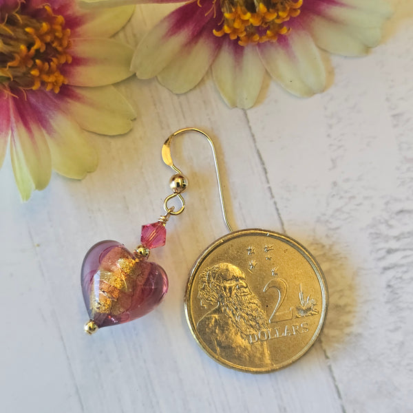 Pink Swirl Gold Foil Murano Glass Heart Earrings