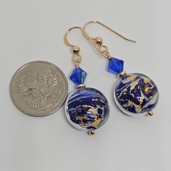 Blue Marbled Murano Glass Disc Earrings