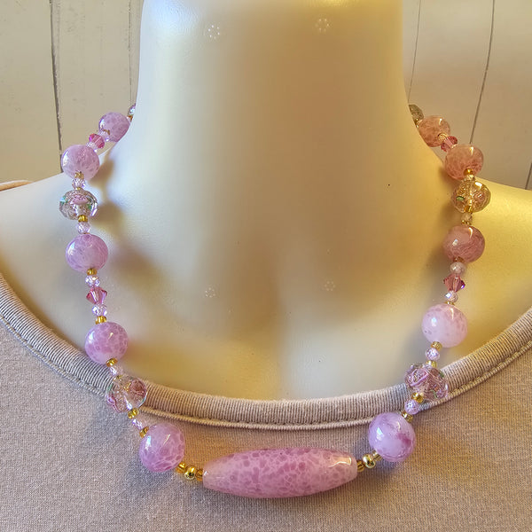 Pink Speckled Glass and Crystal Necklace