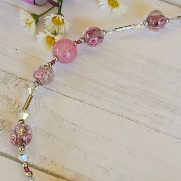 Pink Speckled Glass and Crystal Necklace