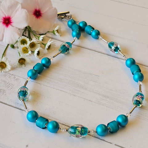 Turquoise Lampwork and Pearl Necklace