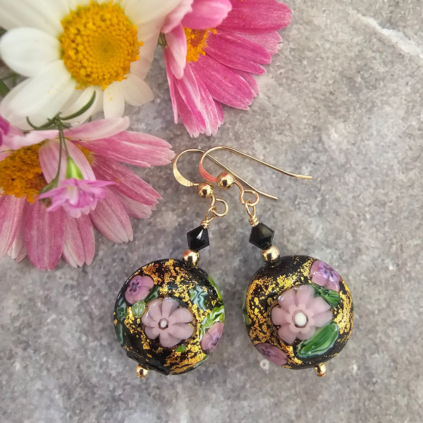Black Murano Glass Lampwork Earrings