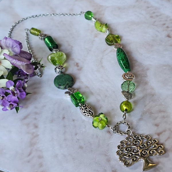Long green beaded necklace