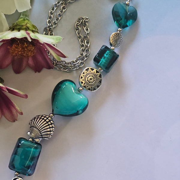 Long Teal Green Beaded Necklace