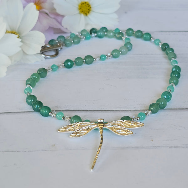 Green Aventurine and Crystal Dragonfly Necklace