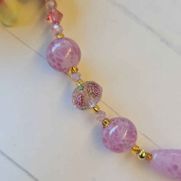 Pink Speckled Glass and Crystal Necklace