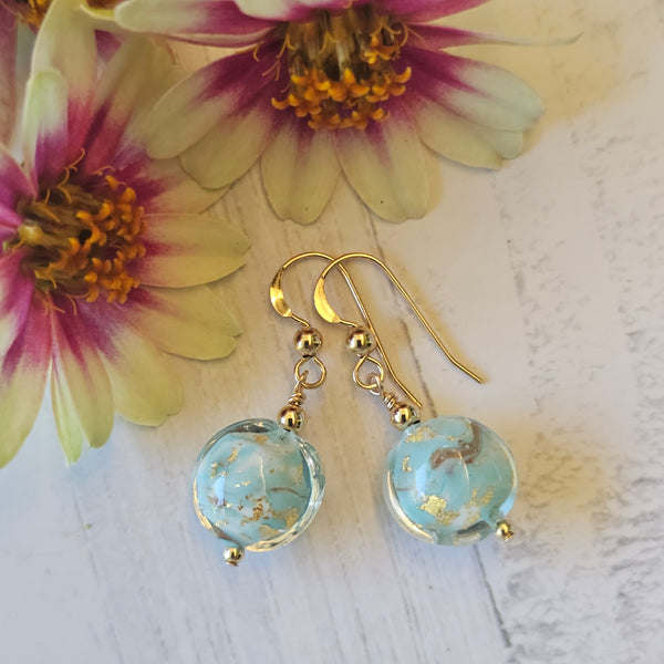 Pale Aqua Marbled Murano Glass Disc Earrings