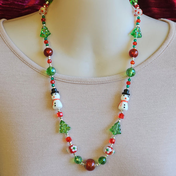 Christmas Necklace with Snowmen - Silver