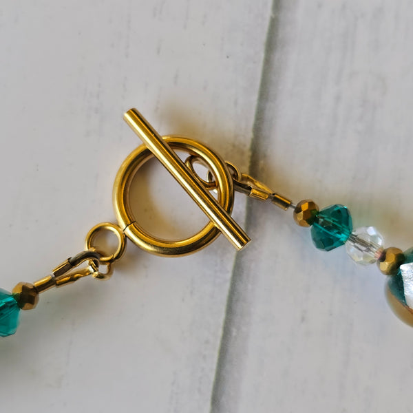 Teal Gold and Silver Glass Necklace