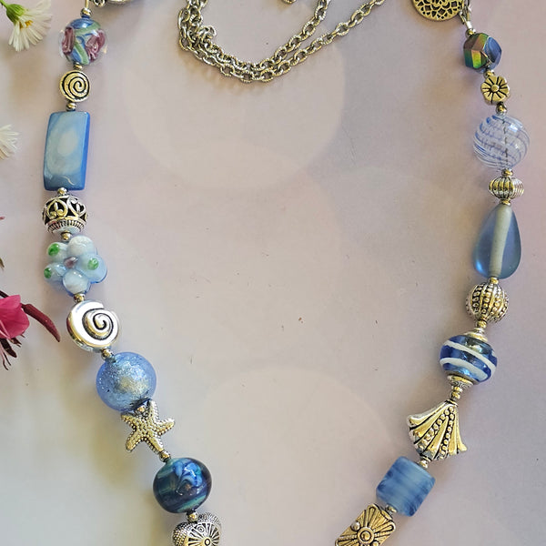 Long Pale Blue beaded necklace