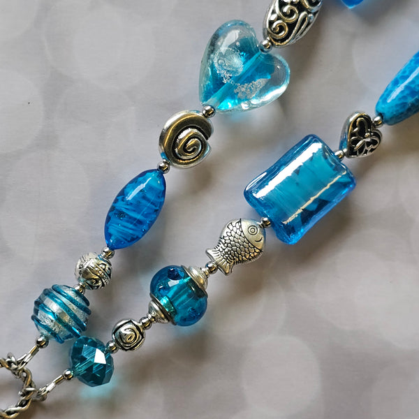 Long Aqua Blue beaded necklace