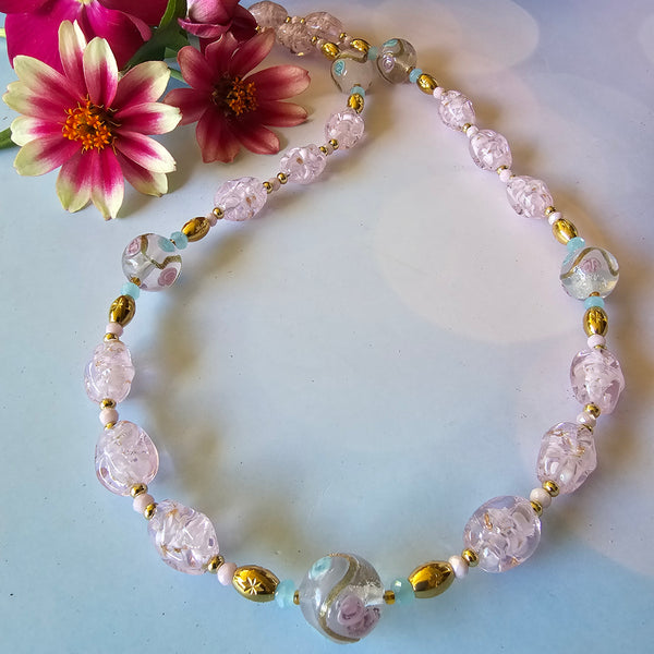 Pink Glass Nugget and Lampwork Necklace