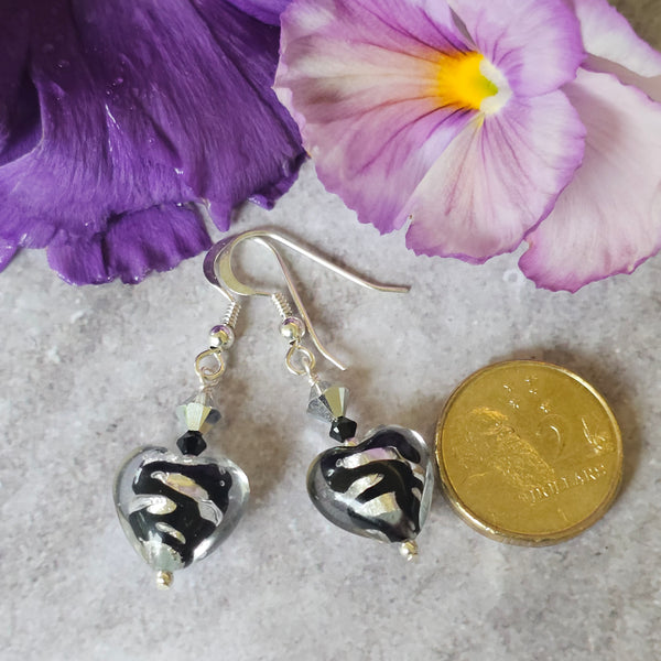 Silver and Black Swirl Murano glass Hearts