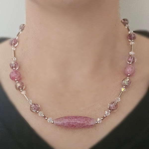 Pink Speckled Glass and Crystal Necklace