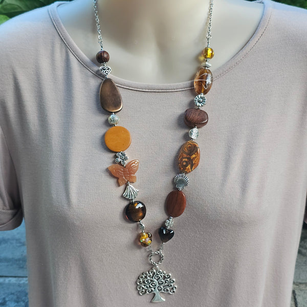 Long Wood and Glass Necklace