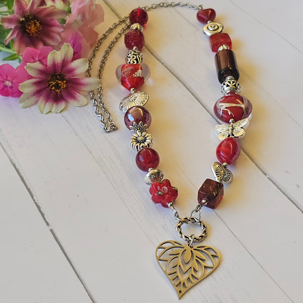 Long red beaded necklace