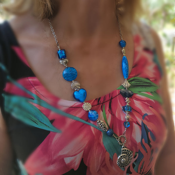 Long Aqua Blue beaded necklace
