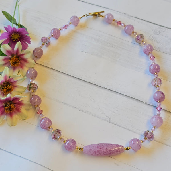 Pink Speckled Glass and Crystal Necklace
