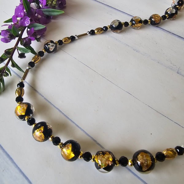 Black, Silver, Gold Glass Beaded Necklace