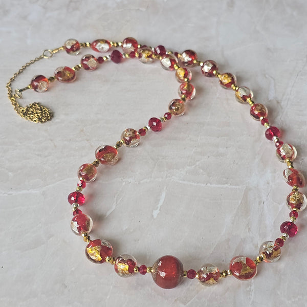 Long Red, Gold and Silver Glass Necklace