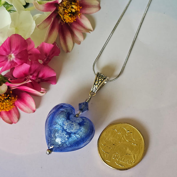 Blue Millefiori and White Gold Foil Heart Pendant