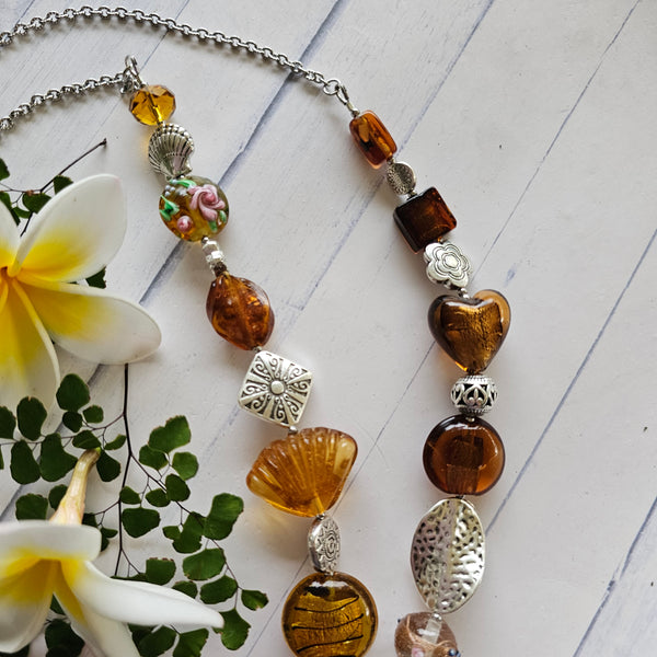 Amber Colour Glass Long Necklace
